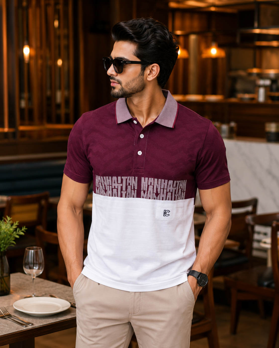 Men's Maroon & White Striped Polo T-Shirt with Chest Pocket