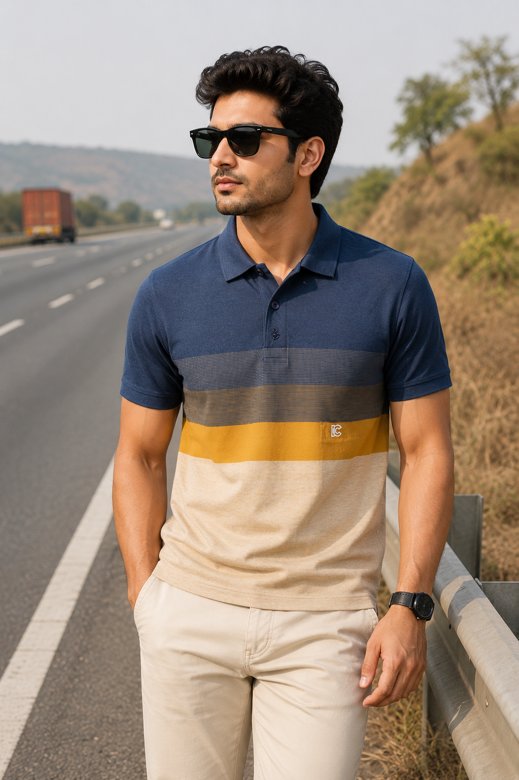 Men's Navy Blue and Yellow Striped Polo T-Shirt with Chest Pocket