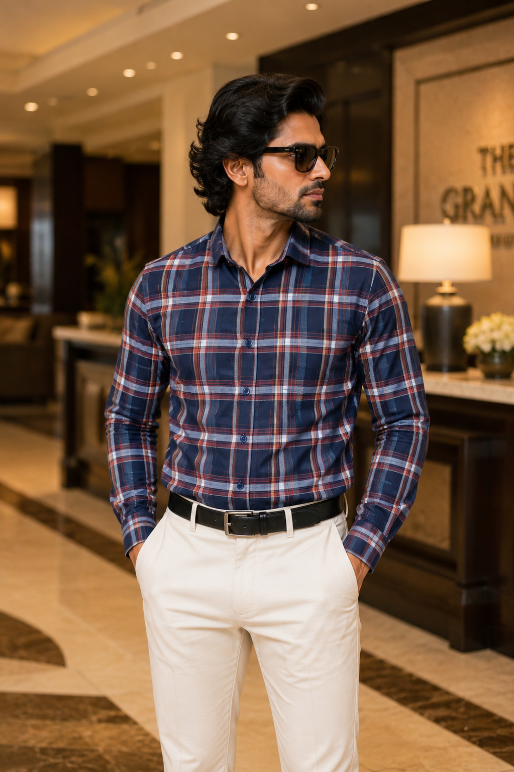 Men's Navy Blue & Brown Checked Cotton Casual Shirt