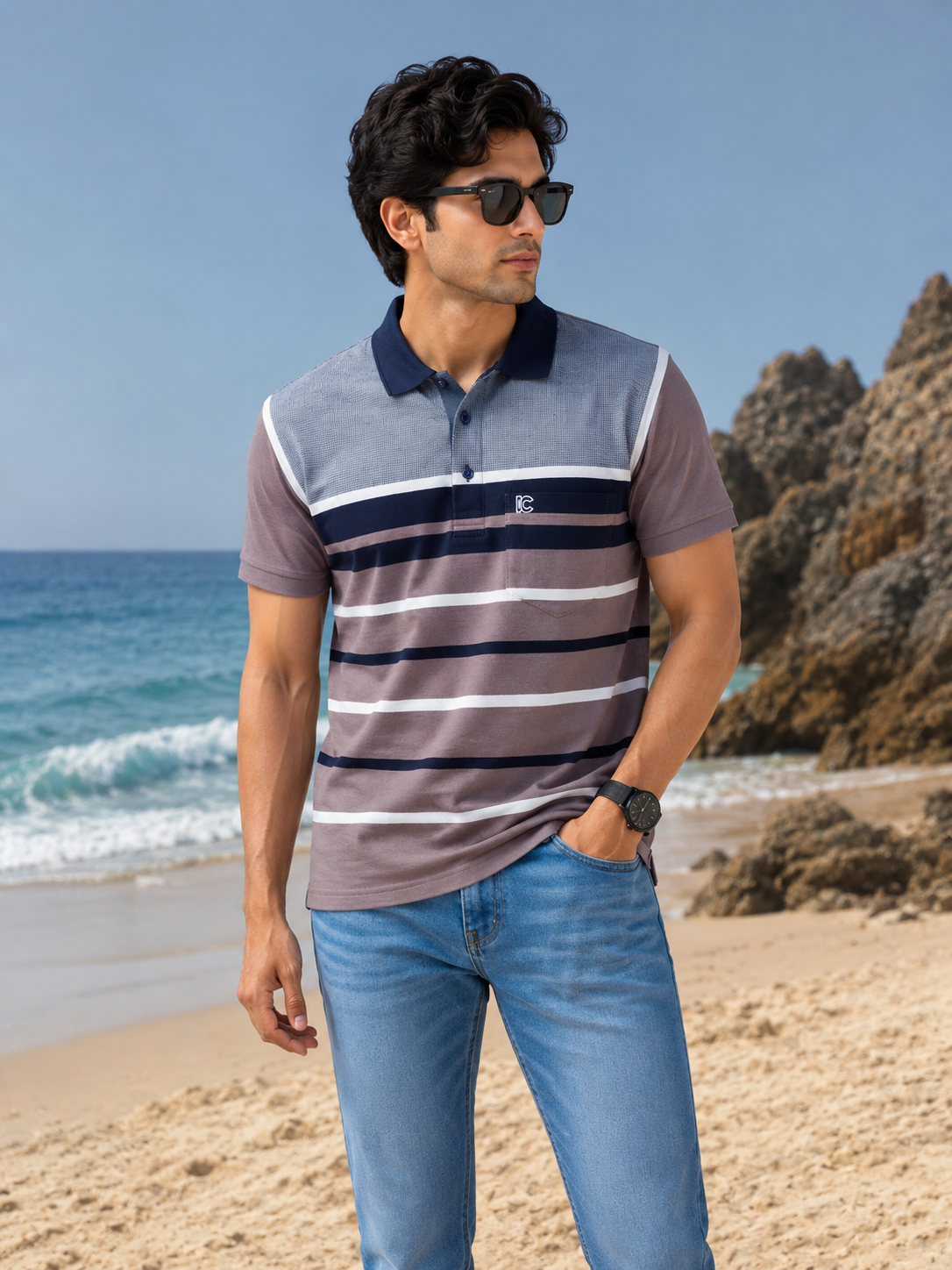 Men’s Black & Brown Striped Polo T-Shirt – Half Sleeve Cotton Casual Wear