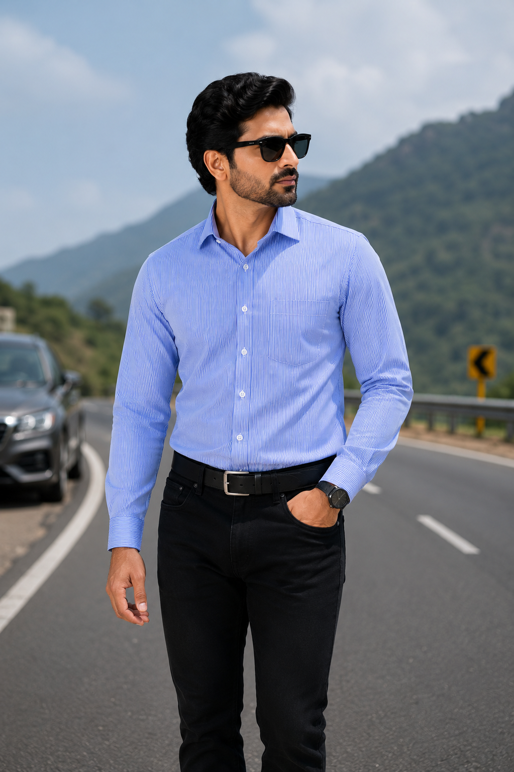 Men’s Light Blue Striped Full Sleeve Cotton Shirt