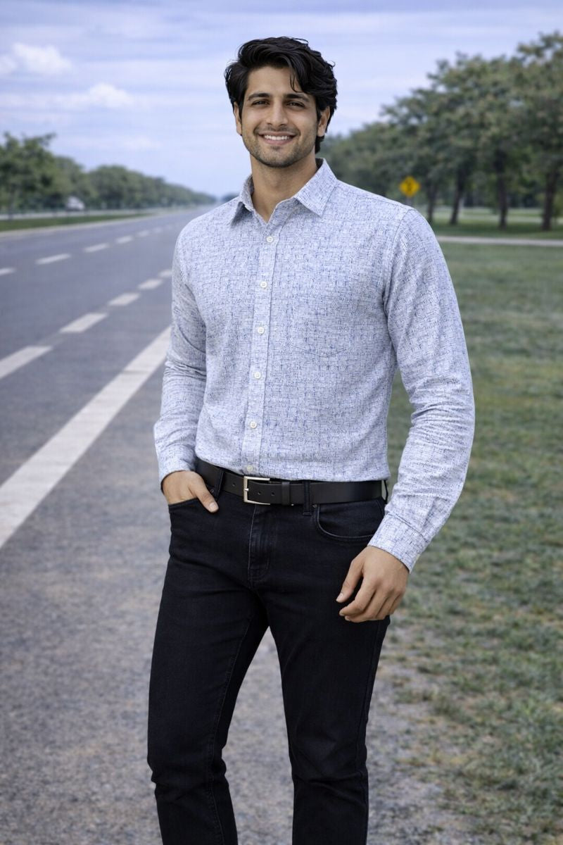 Men’s White & Blue Full Sleeve Shirt with Pocket