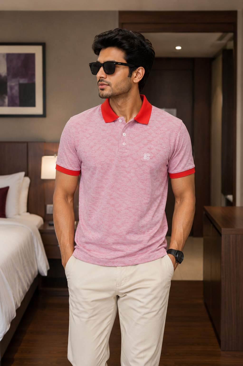 Men's Plain Pink Striped Polo T-Shirt with Chest Pocket