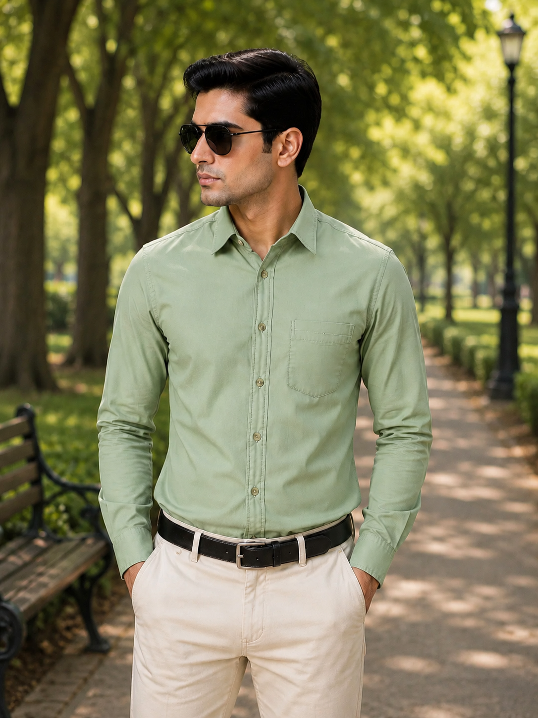 Premium Satin Finish Full Sleeve Pista Green Shirt for Men