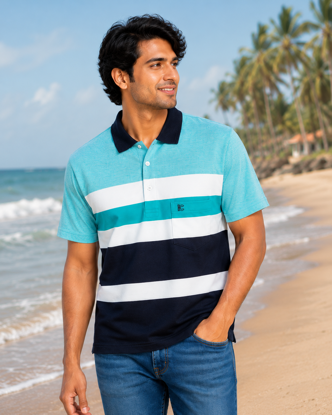 Men’s Sky Blue & Black Striped Polo T-Shirt – Half Sleeve Cotton Casual Wear