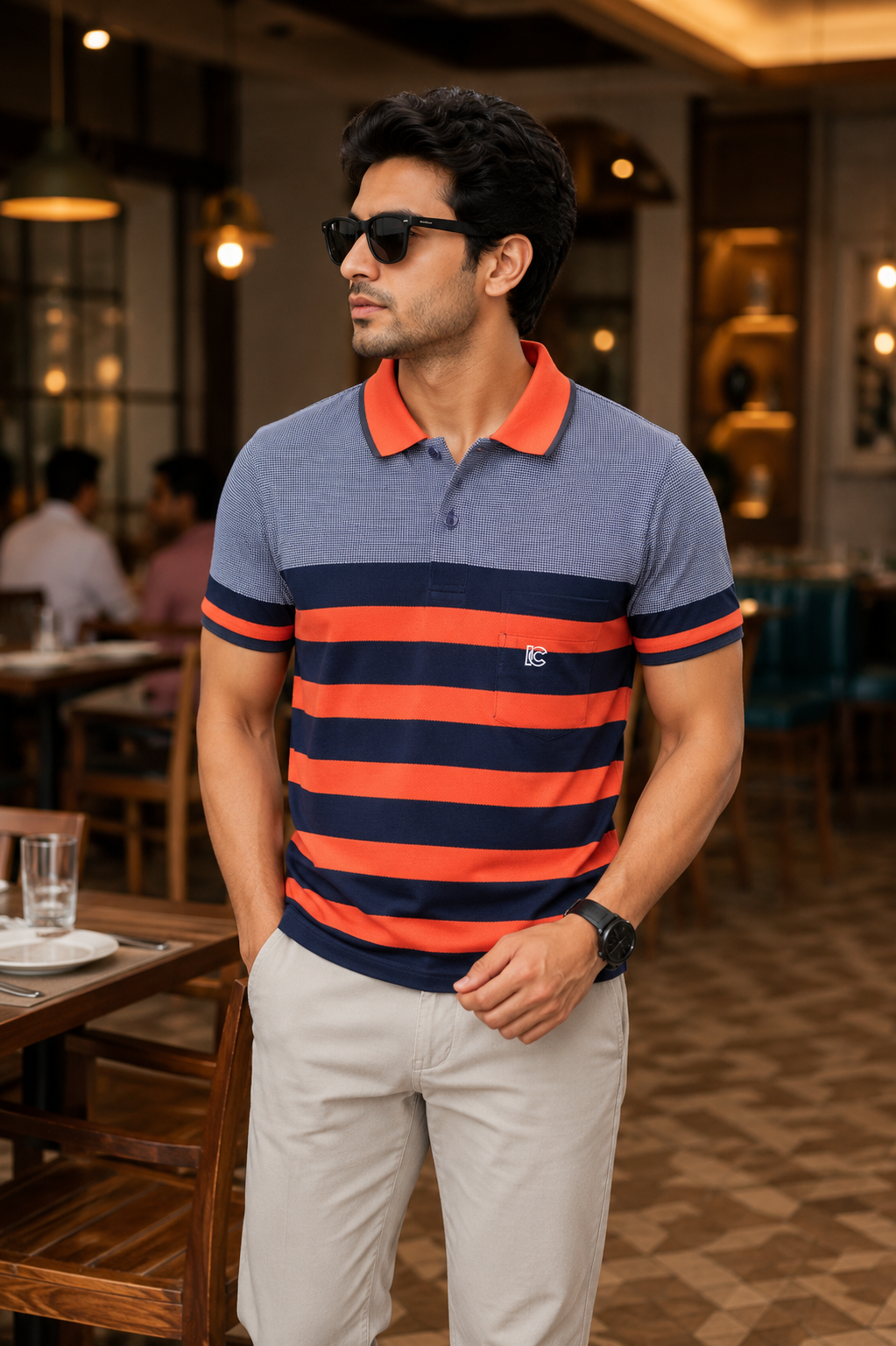 Men's Orange & Black Striped Polo T-Shirt with Chest Pocket