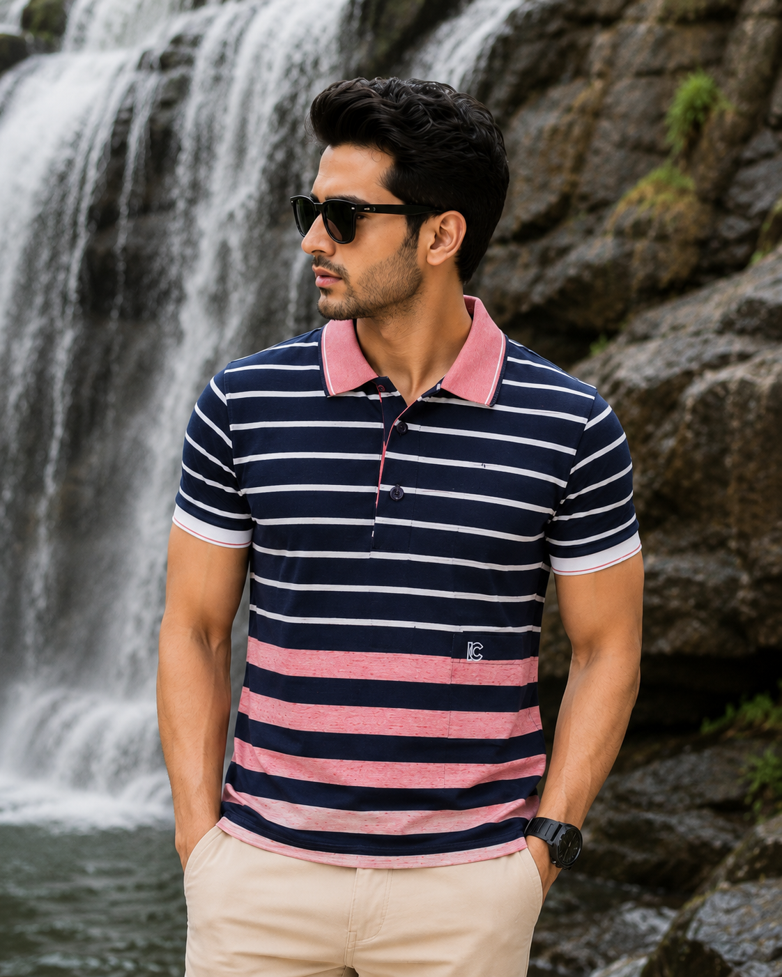 Men's Pink & Navy Blue Striped Polo T-Shirt with Chest Pocket