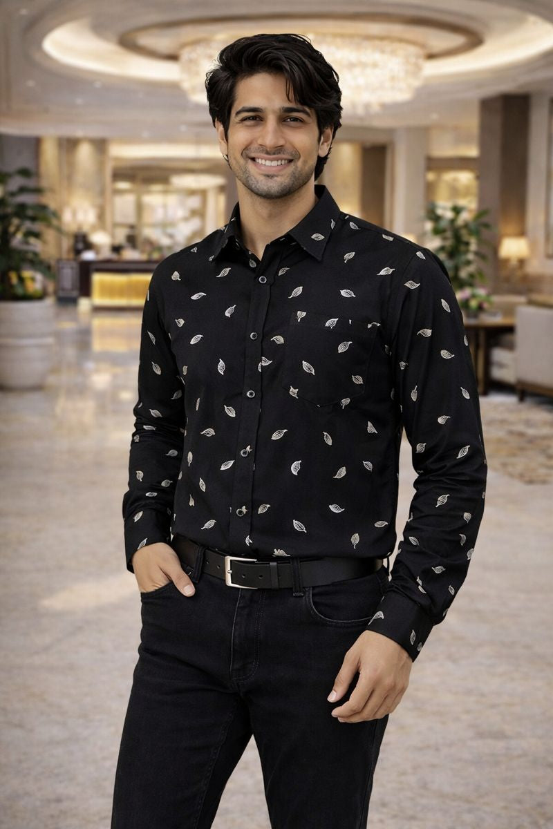 Men’s Black Full Sleeve Printed Shirt with Pocket