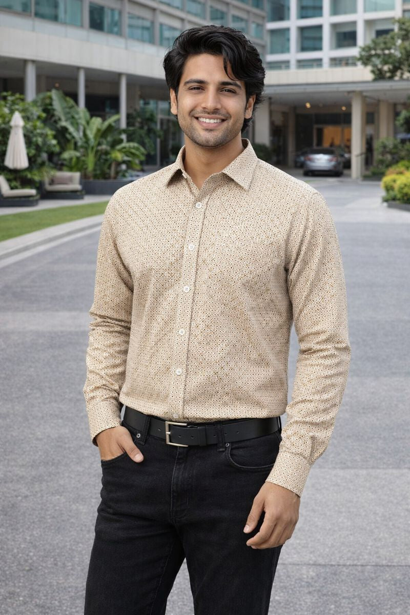 Men’s Cream Full Sleeve Printed Shirt with Pocket