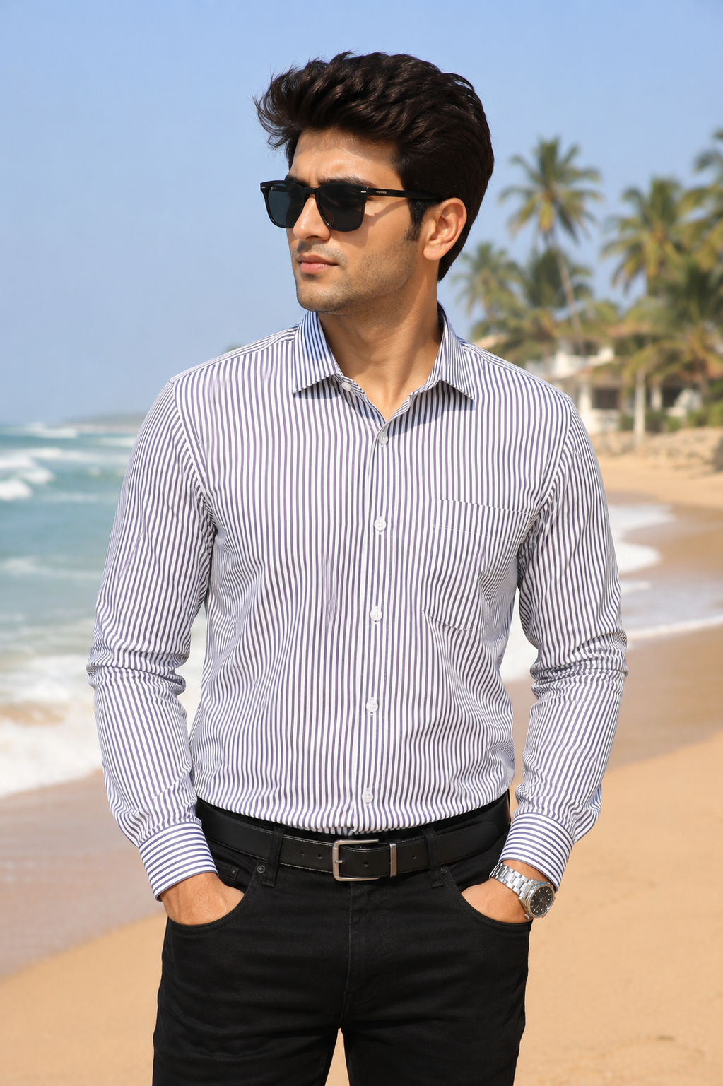 Men’s White & Black Striped Full Sleeve Cotton Shirt