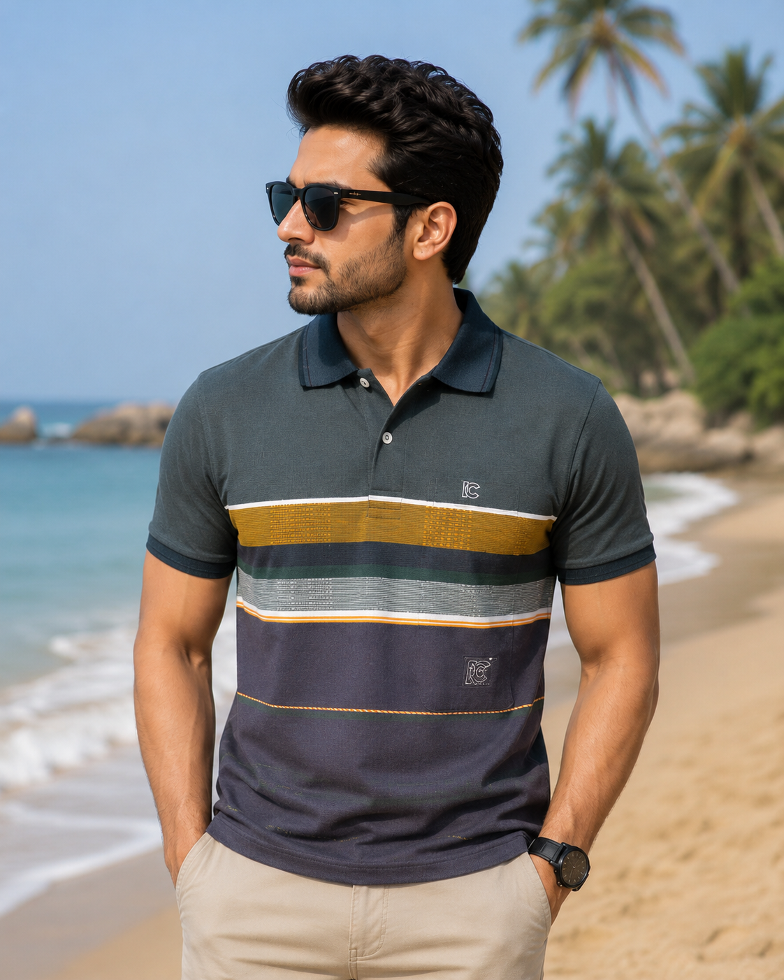 Men's Dark Green Striped Polo T-Shirt with Chest Pocket