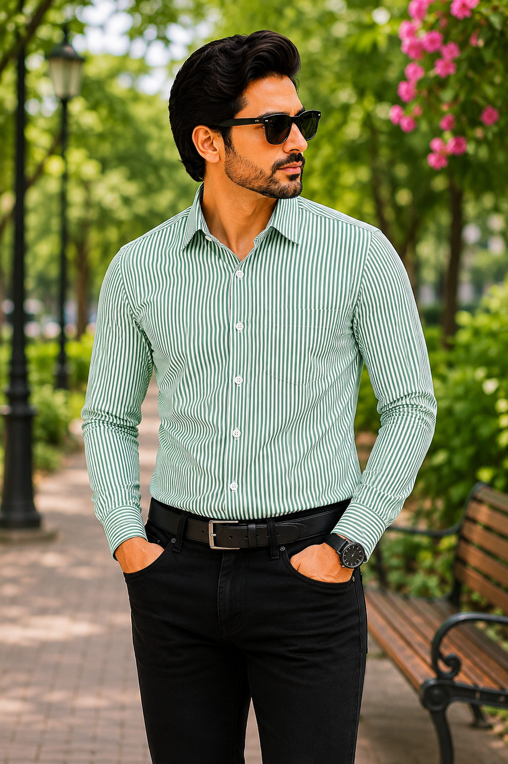Men’s Green & White Striped Full Sleeve Cotton Shirt