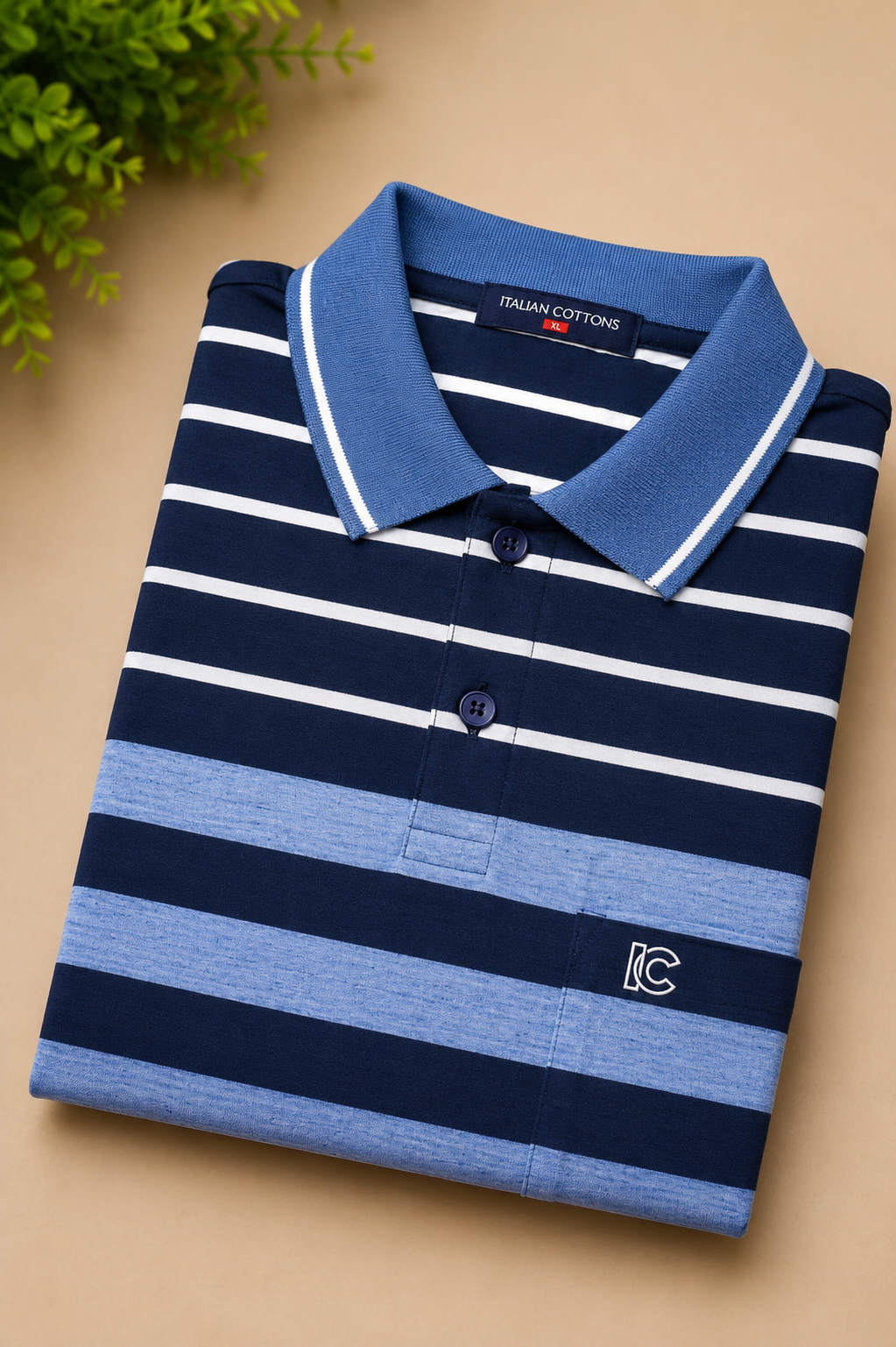 Men's Blue & White Striped Polo T-Shirt with Chest Pocket