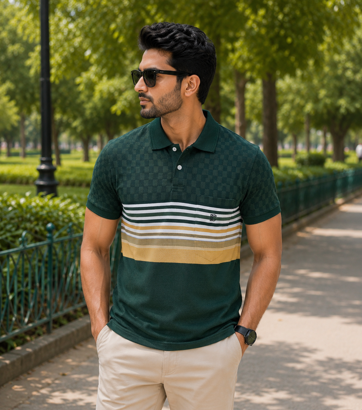 Men's Green Striped Polo T-Shirt with Chest Pocket
