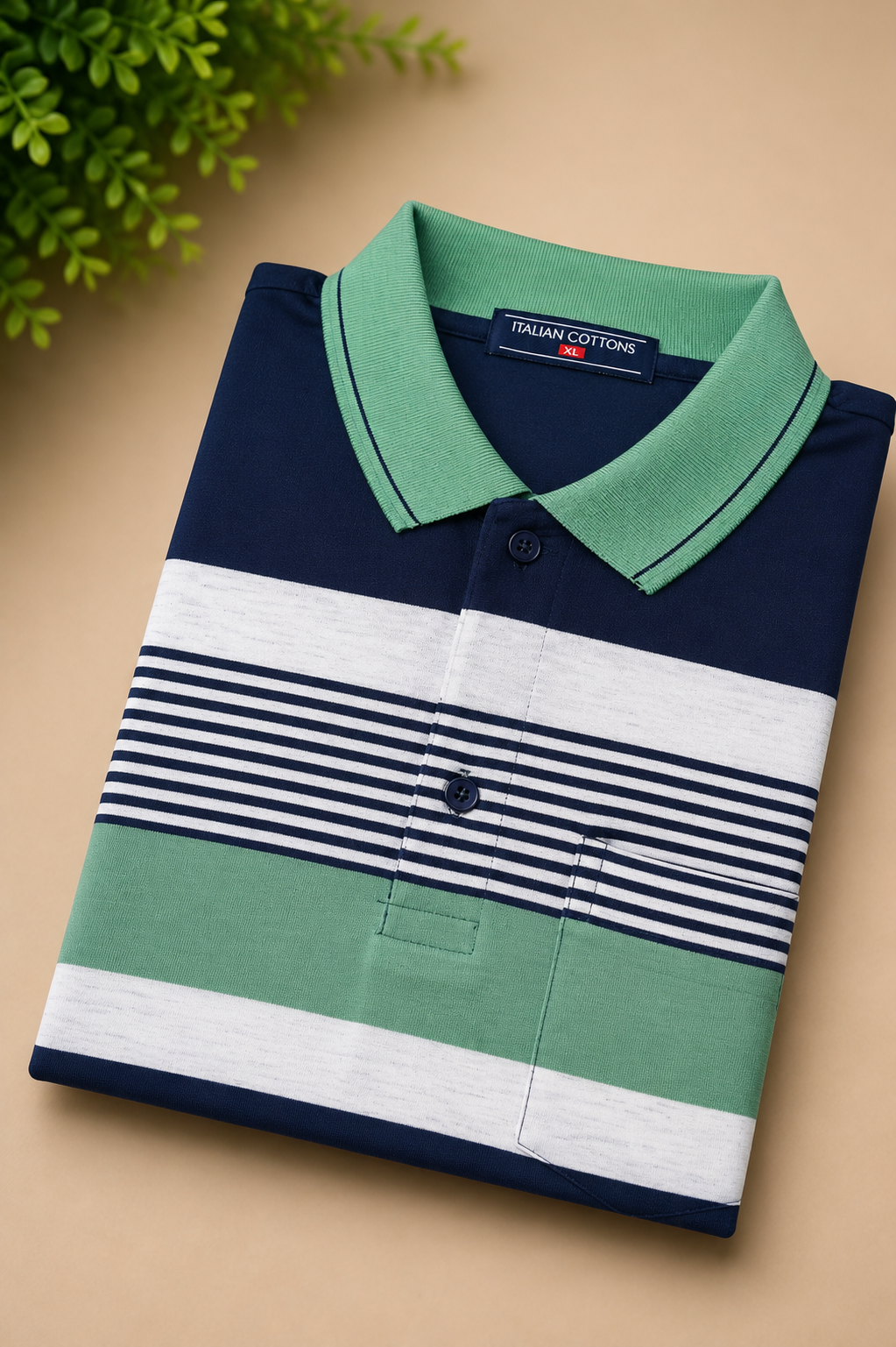 Men's Green & White Striped Polo T-Shirt with Chest Pocket