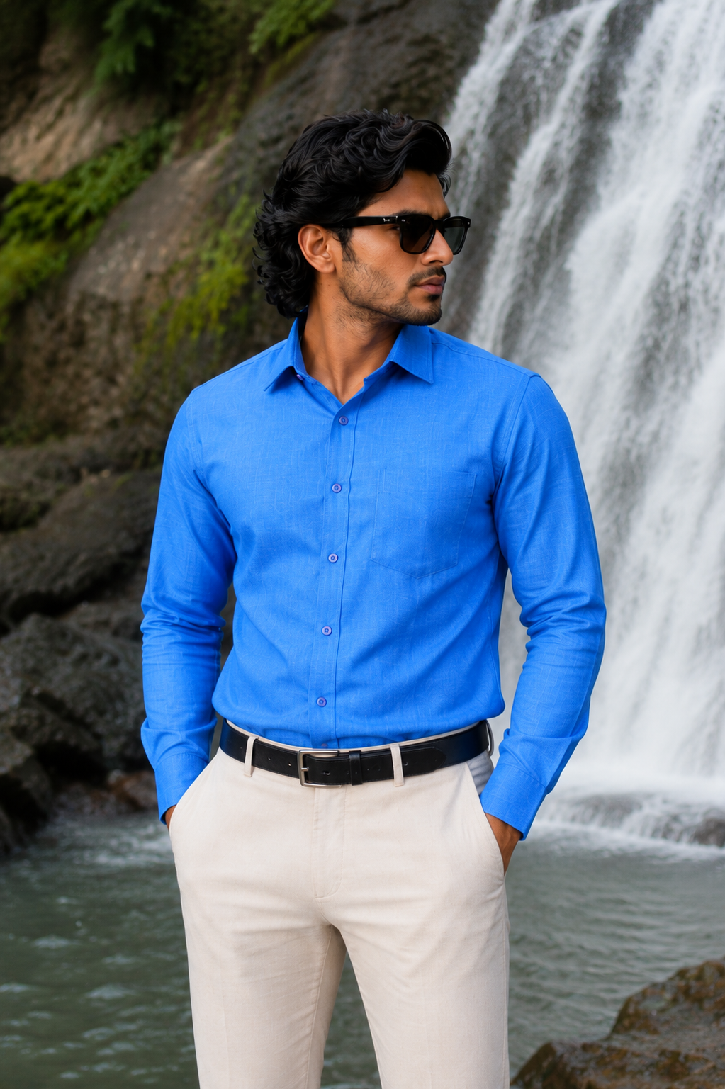 Men's Royal Blue Solid Full Sleeve Cotton Shirt