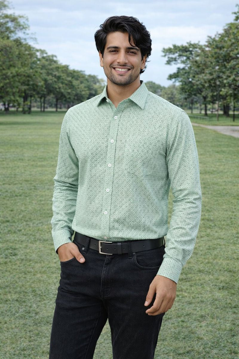 Men’s Light Green Full Sleeve Printed Shirt with Pocket