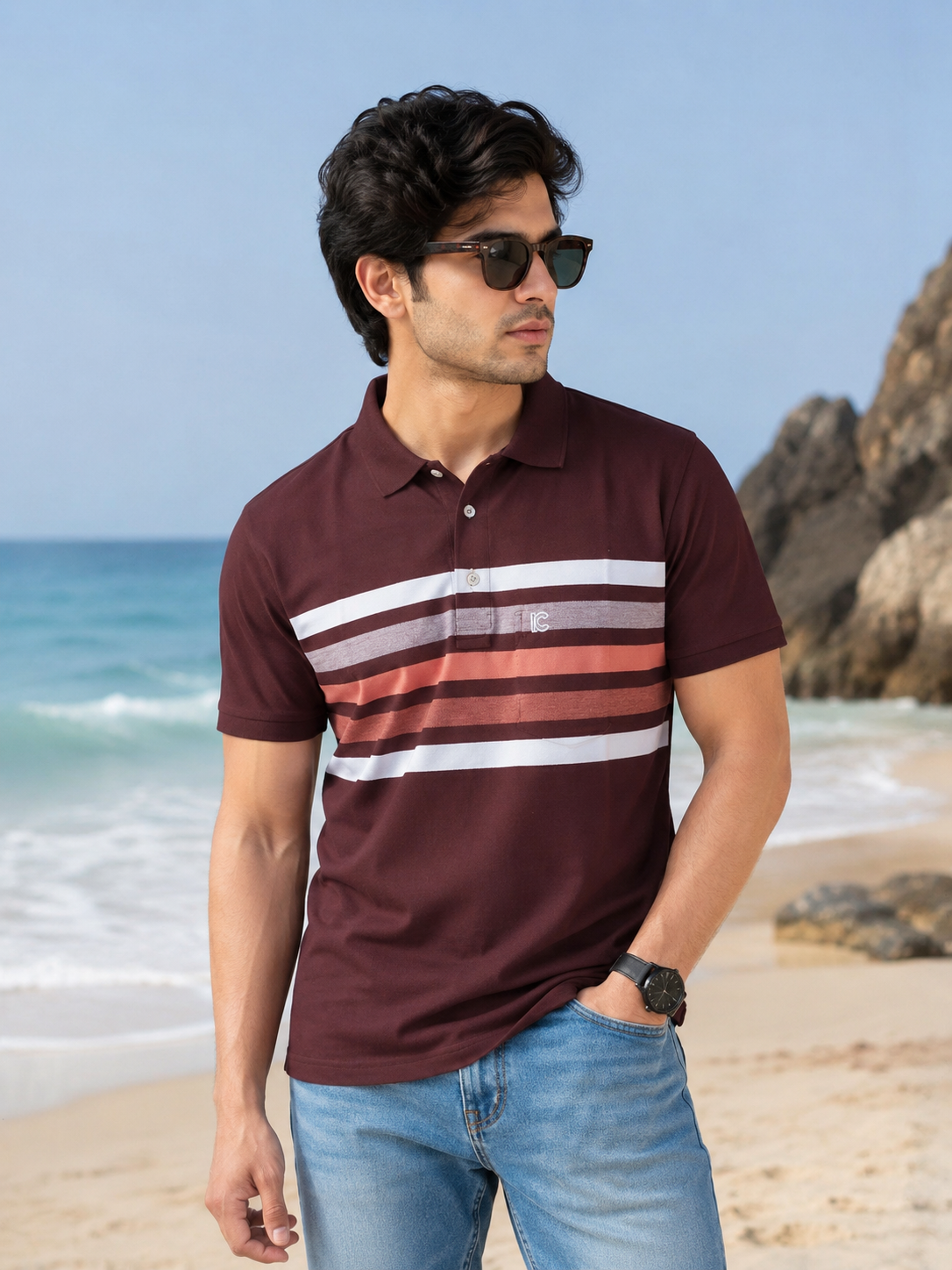 Men’s Brown & White Striped Polo T-Shirt – Half Sleeve Cotton Casual Wear