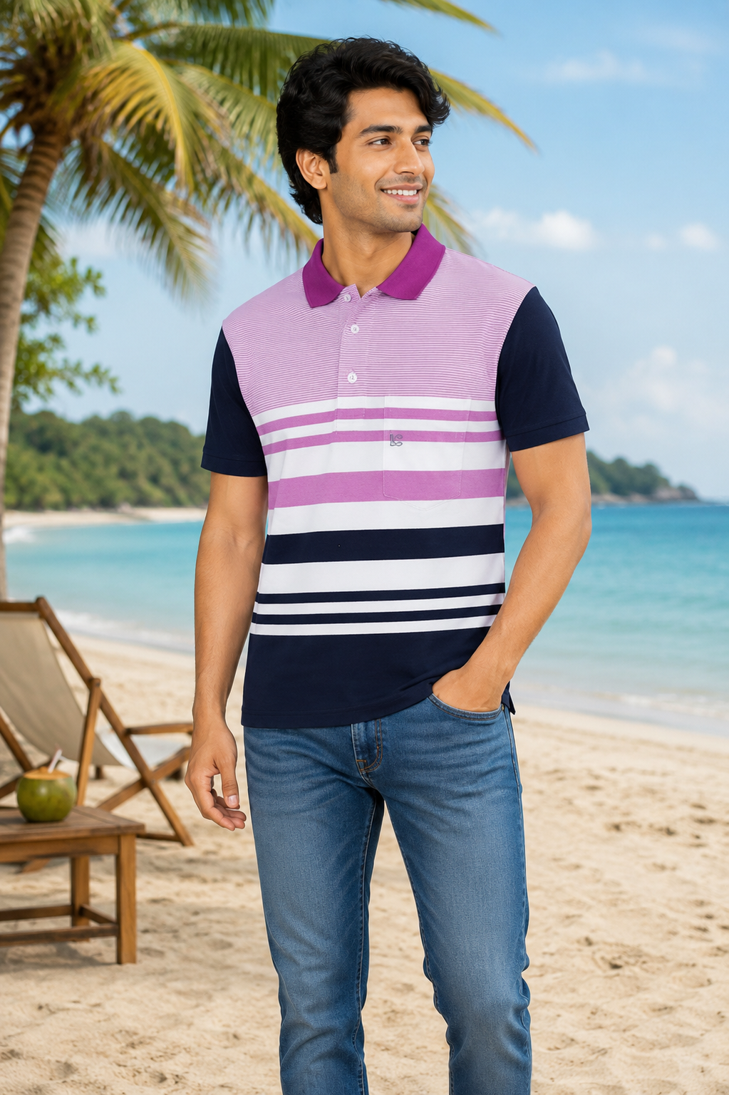 Men’s Pink & White Striped Polo T-Shirt – Half Sleeve Cotton Casual Wear