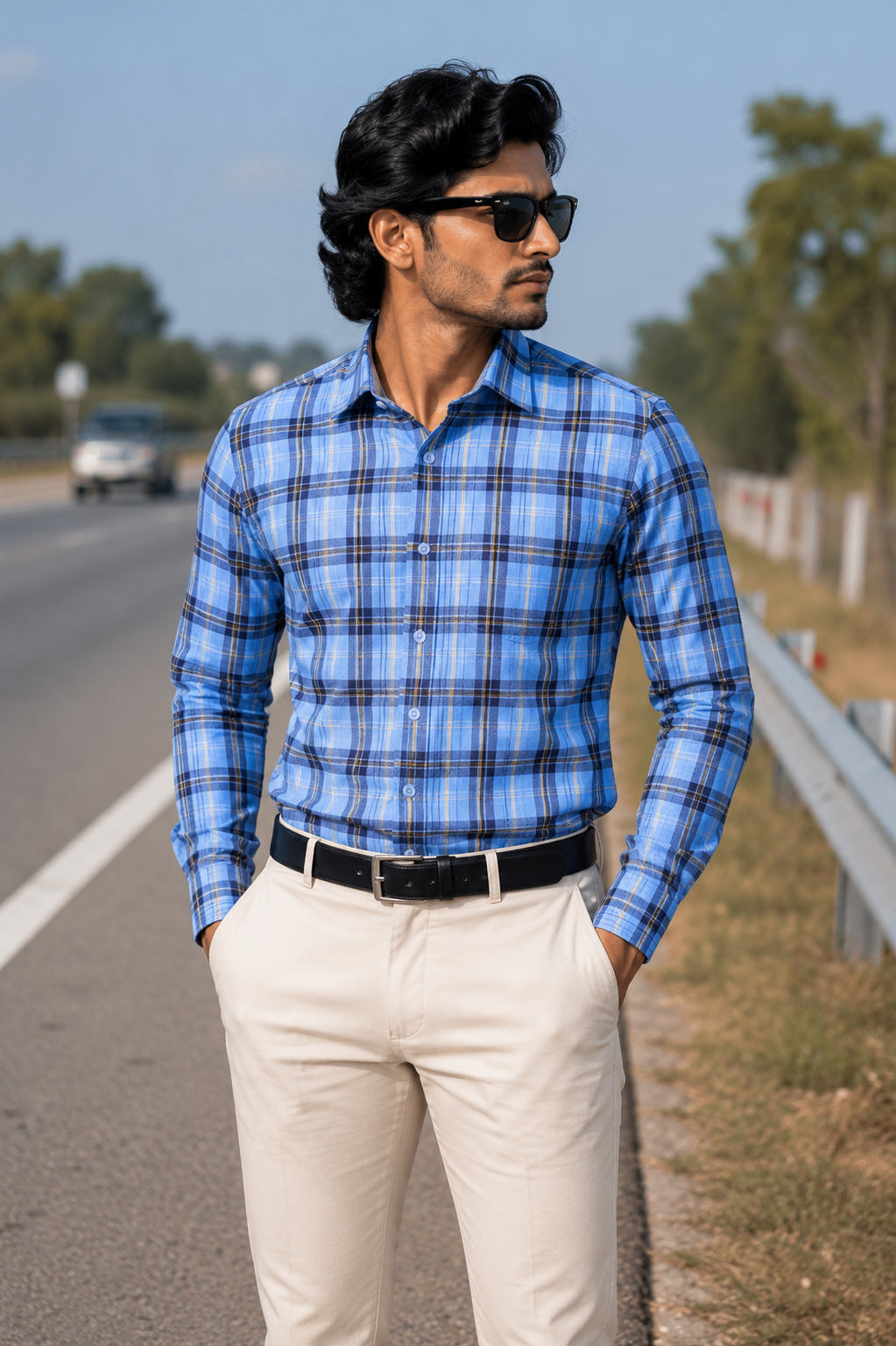 Men's Royal Blue Checked Cotton Casual Shirt