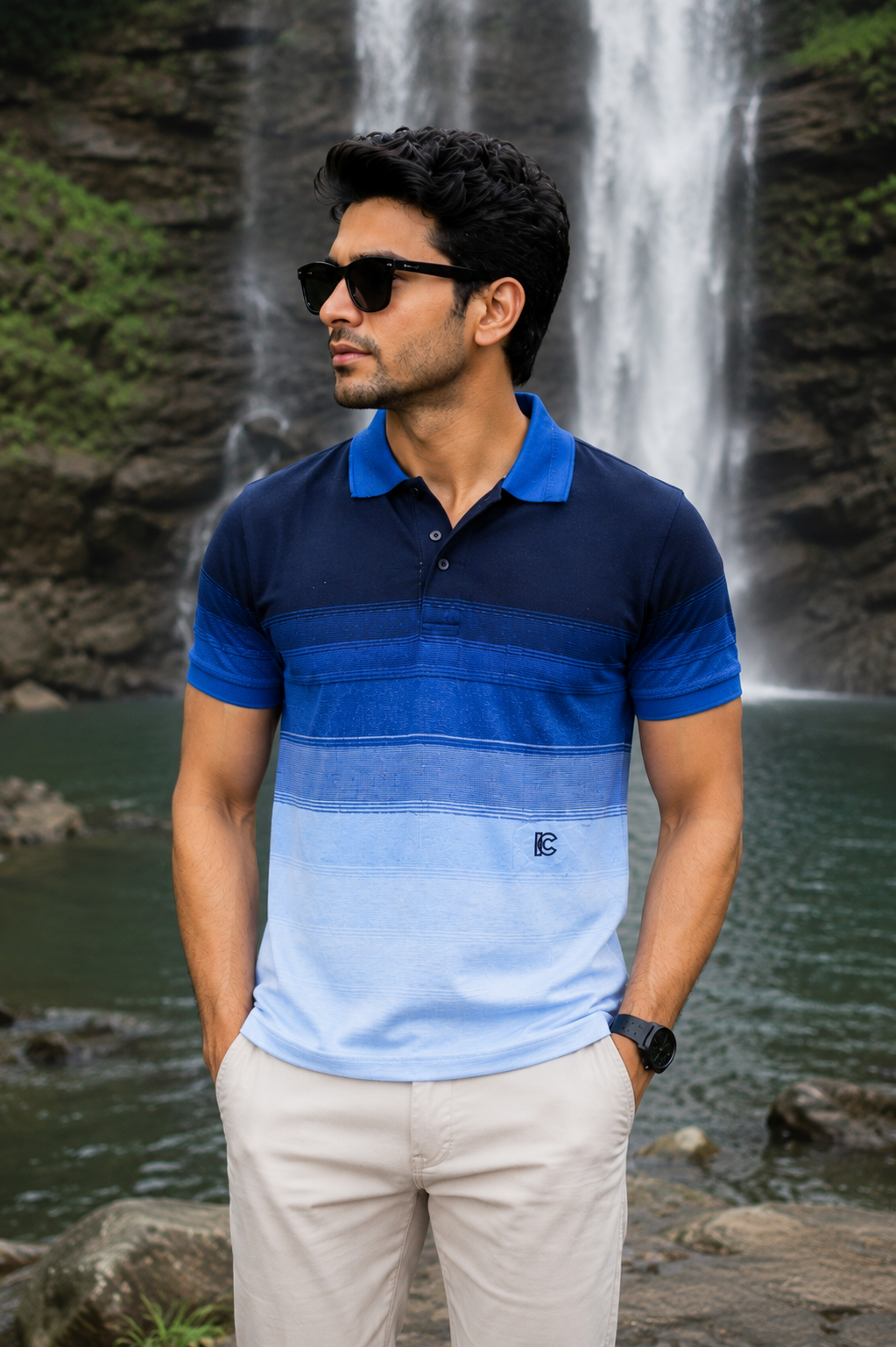 Men's Navy Blue & Black Striped Polo T-Shirt with Chest Pocket