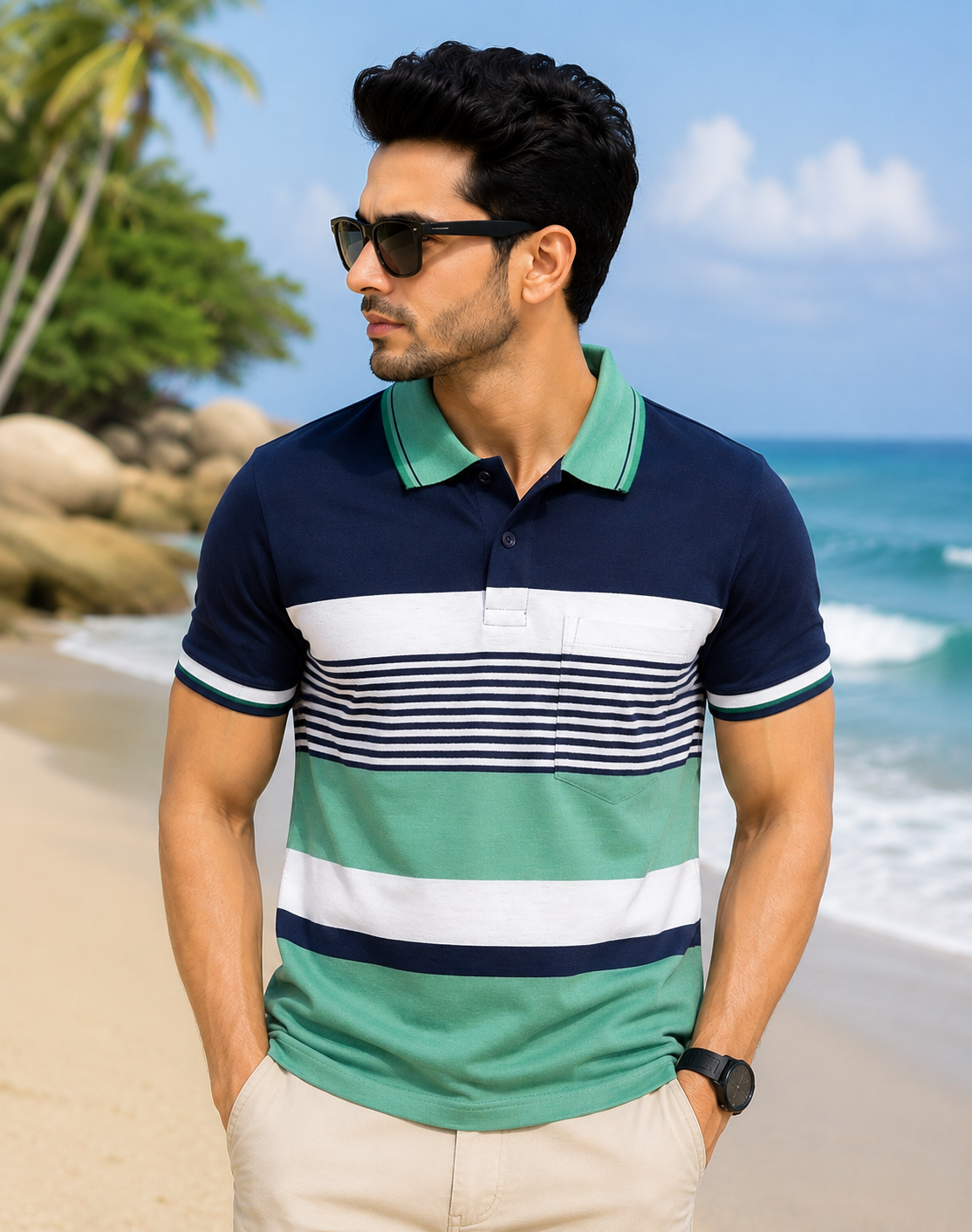 Men's Green & White Striped Polo T-Shirt with Chest Pocket