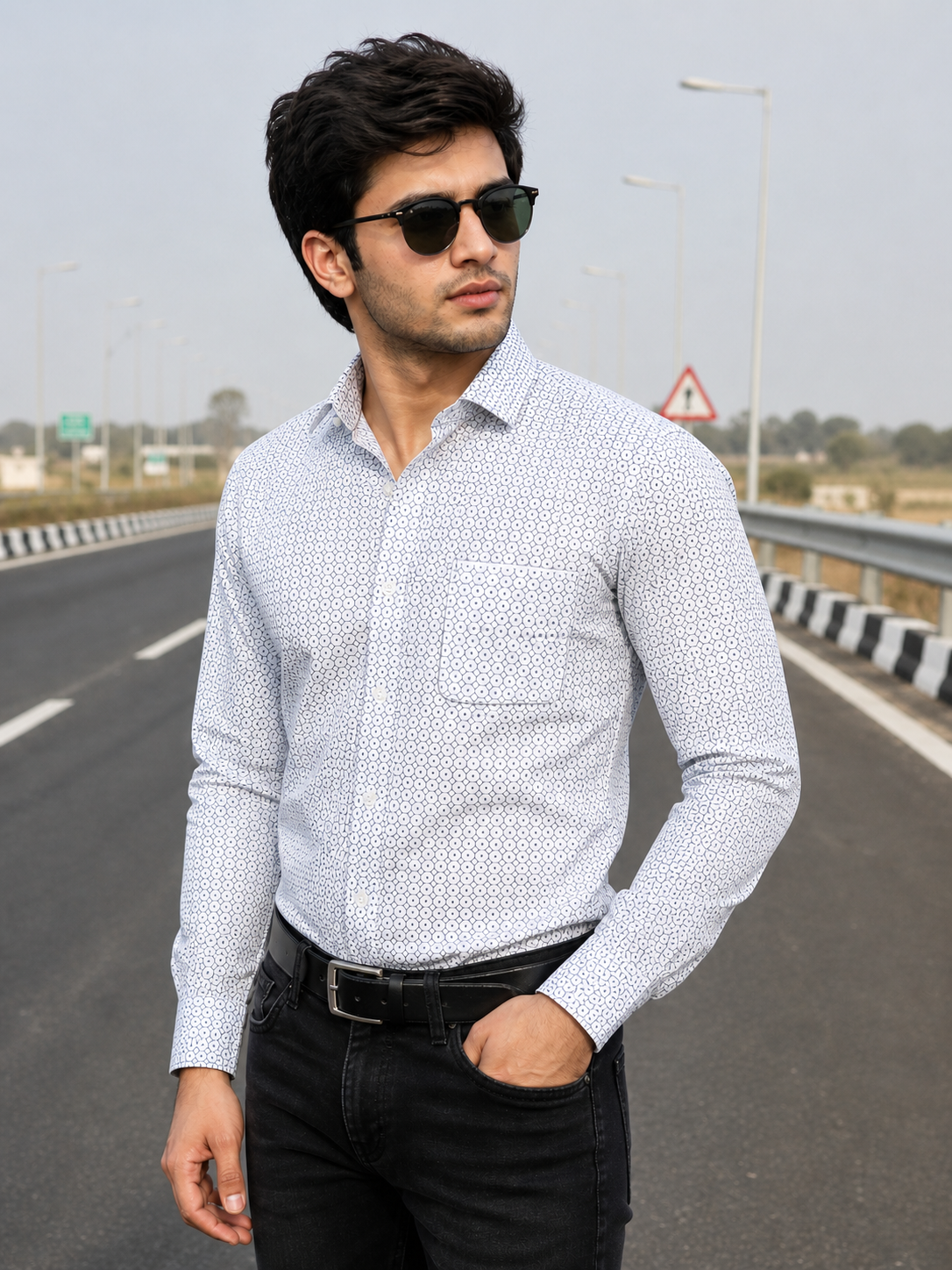 Men’s White & Blue Premium Full Sleeve Printed Shirt