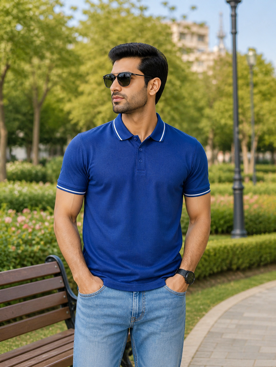Men’s Blue Polo T-Shirt with Tipping Collar | Half Sleeve Premium Casual Wear | 100% SPUN Cotton Material