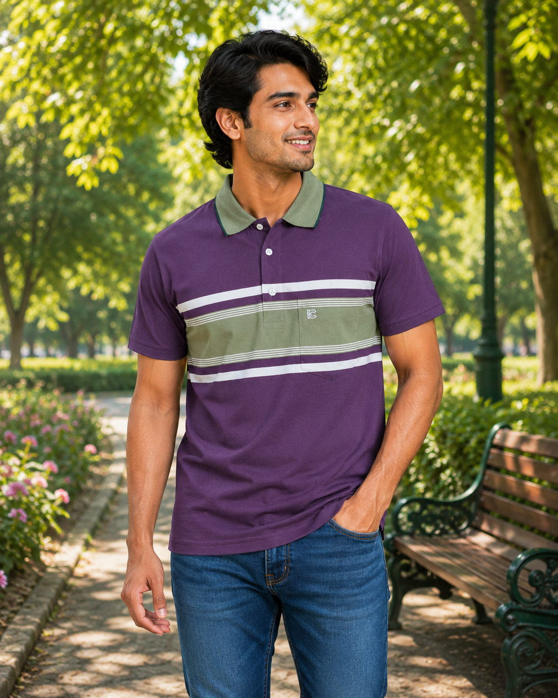 Men’s Purple & Light Green Striped Polo T-Shirt – Half Sleeve Cotton Casual Wear