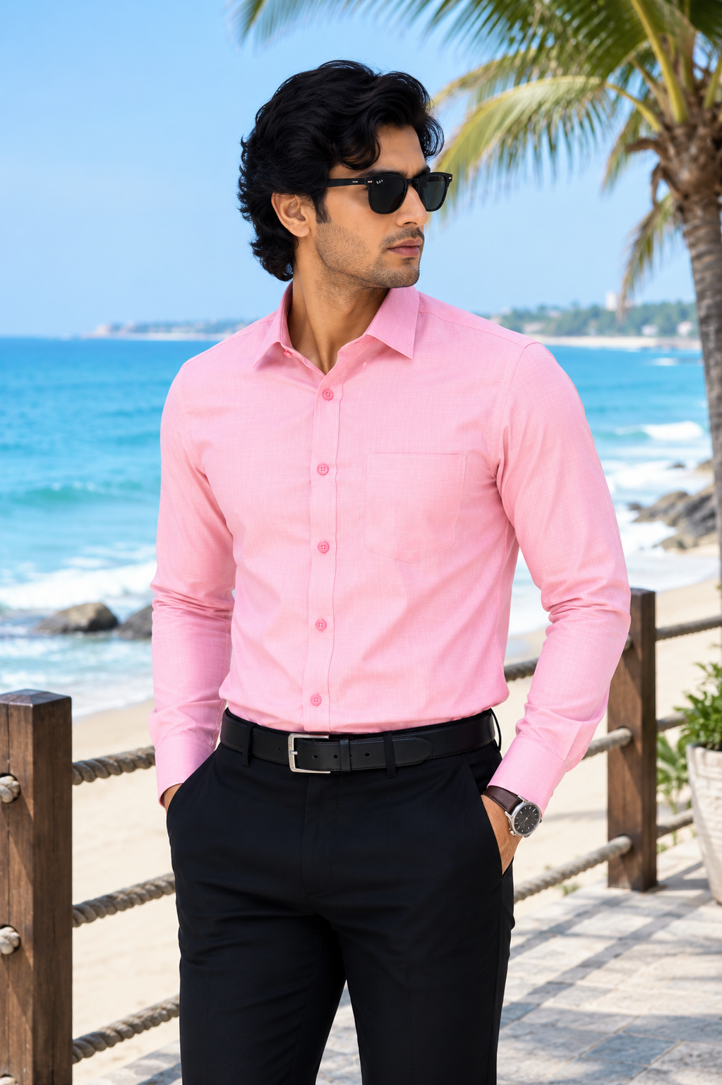 Men's Light Pink Solid Full Sleeve Cotton Shirt
