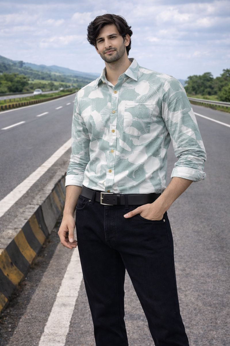 Men’s Sea Green Full Sleeve Printed Casual Shirt with Chest Pocket