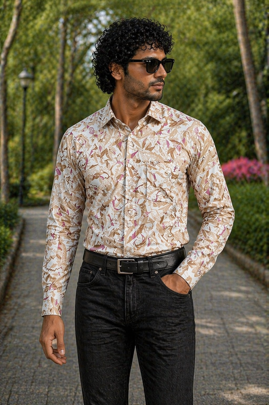 Men’s Premium Cream & Pink Full Sleeve Printed Shirt
