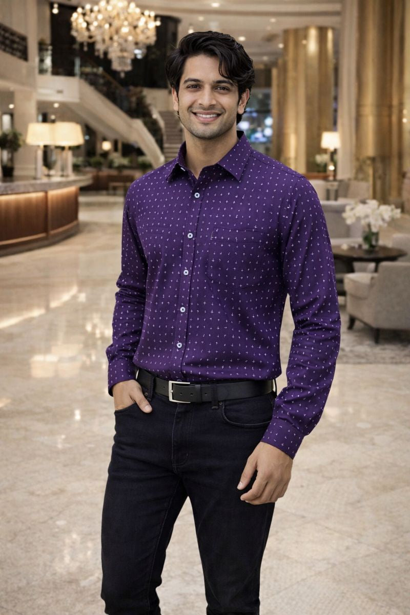 Men’s Purple Full Sleeve Printed Shirt with Pocket