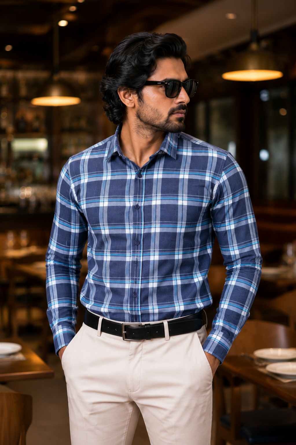 Men's Navy Blue & White Checked Cotton Casual Shirt