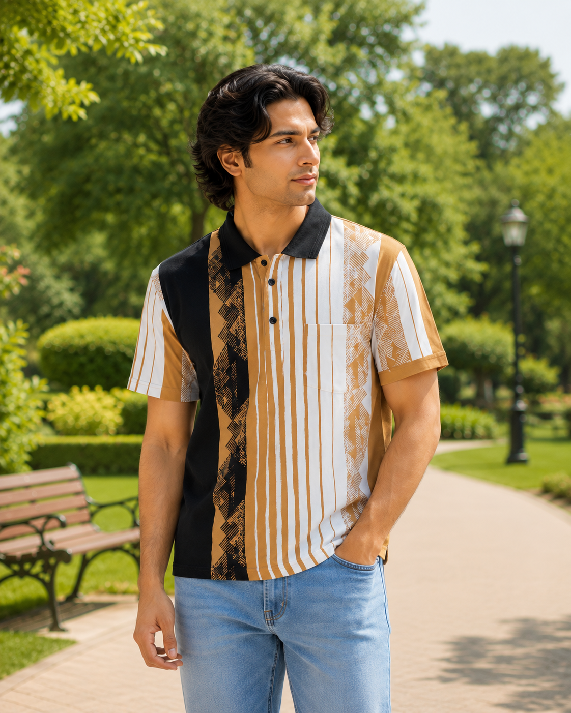 Men’s Brown & White Striped Polo T-Shirt – Half Sleeve Cotton Casual Wear
