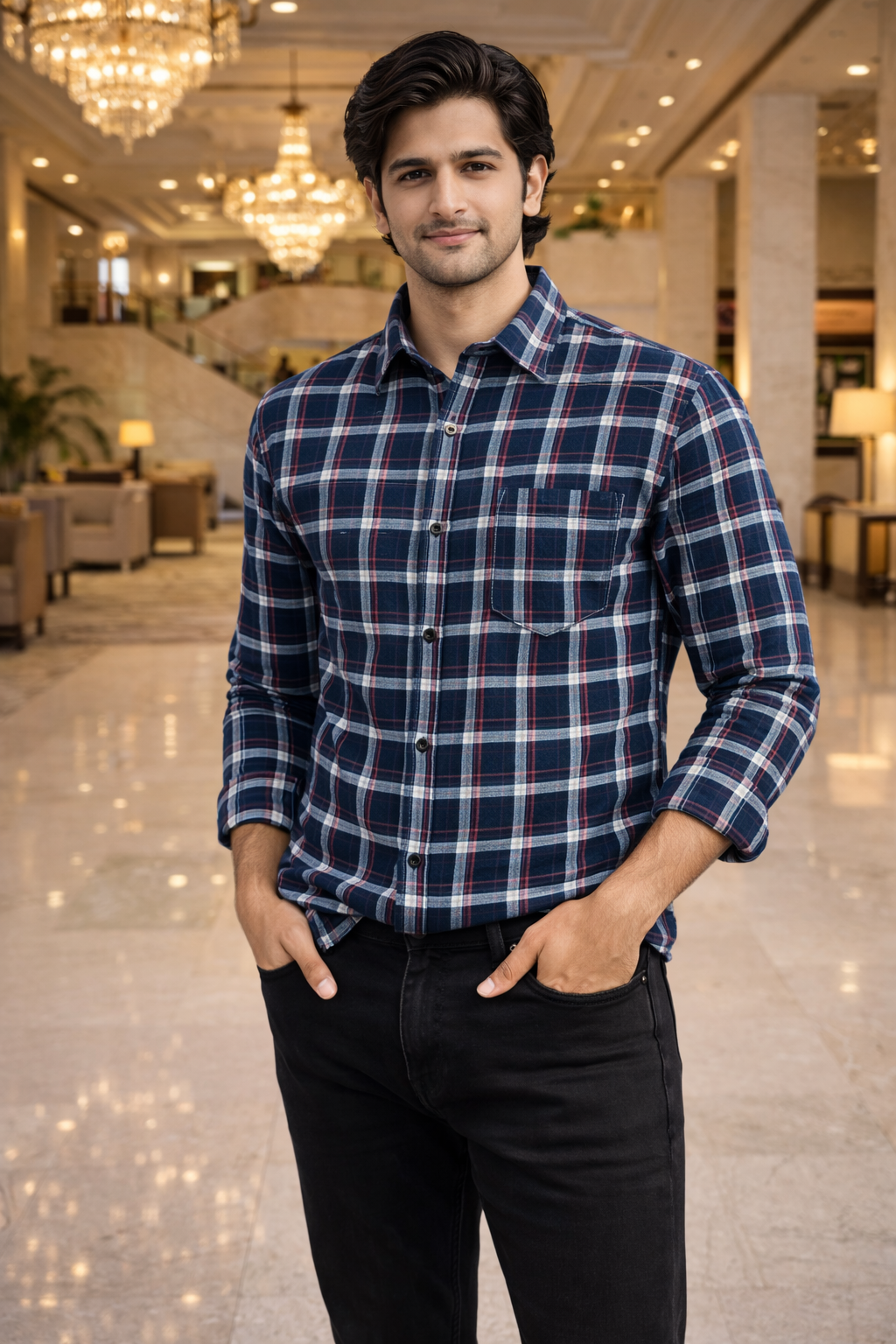 Men’s Navy Blue & Red Full Sleeve Checked Shirt with Chest Pocket