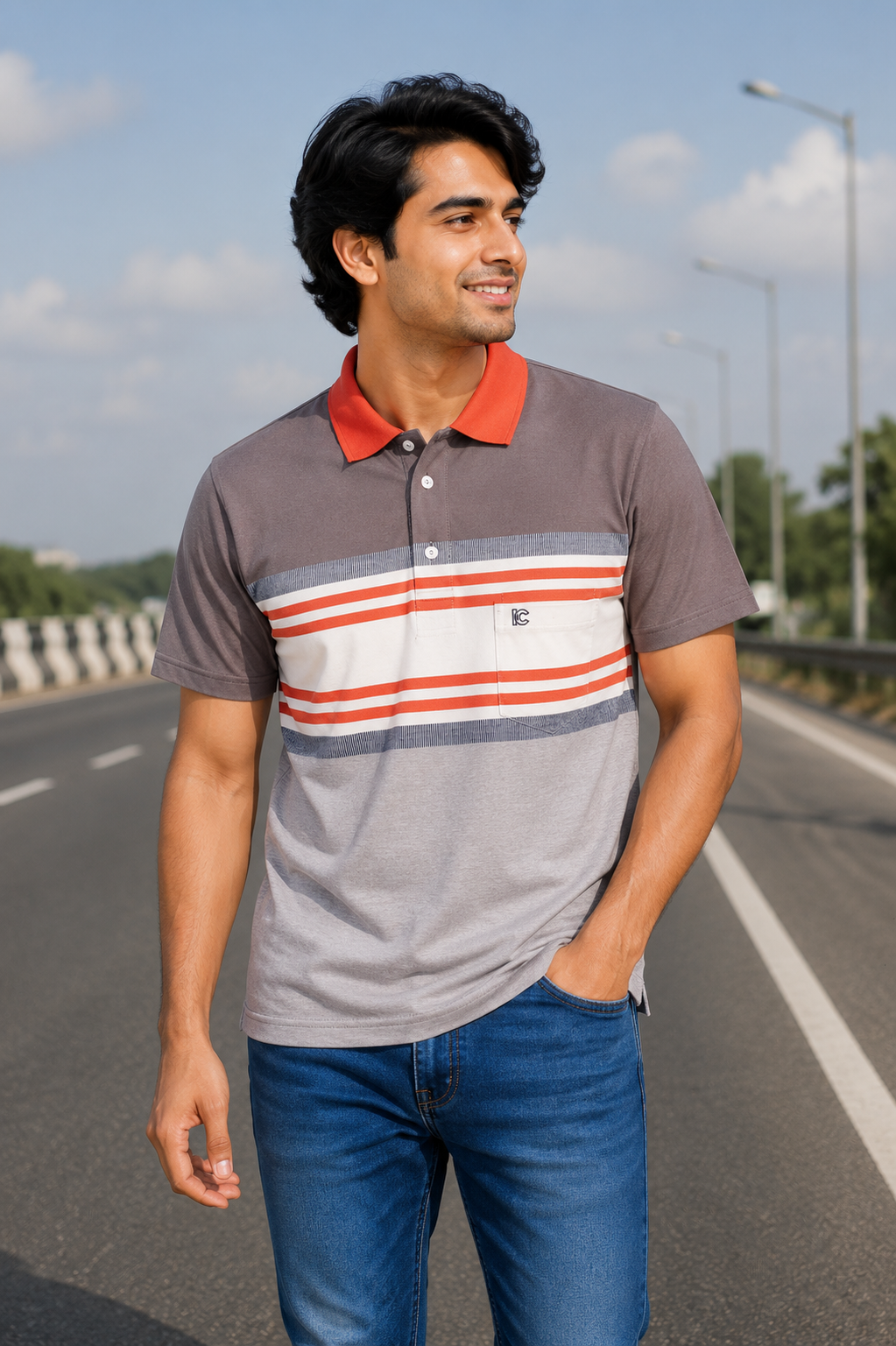 Men’s Orange & Gray Striped Polo T-Shirt – Half Sleeve Cotton Casual Wear
