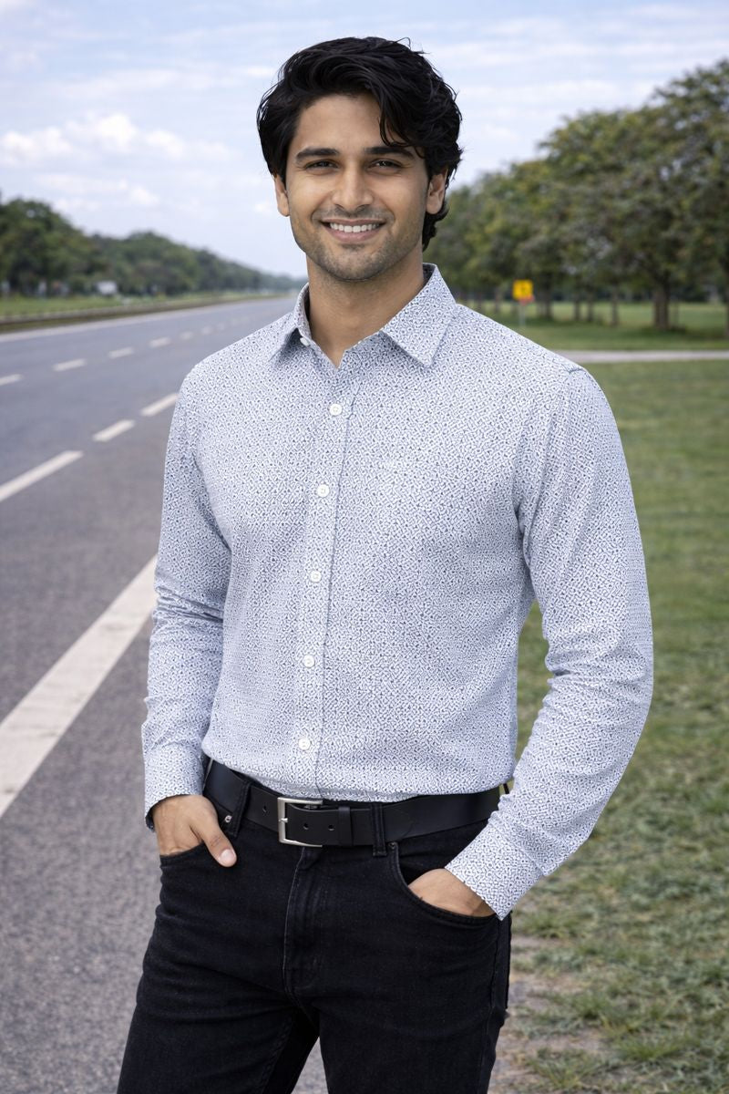 Men’s Navy Blue Full Sleeve Printed Shirt with Pocket