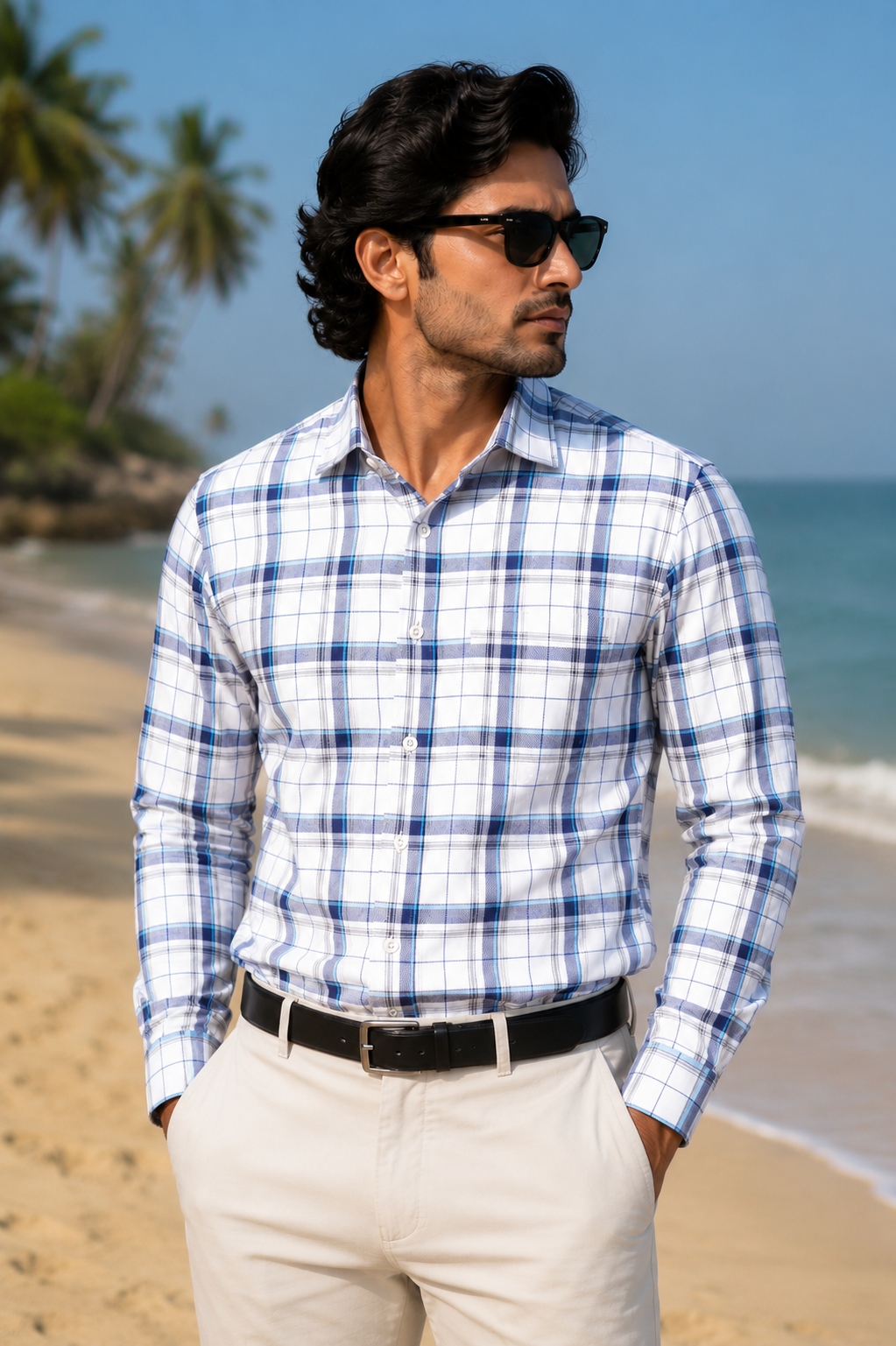 Men's White & Blue Checked Cotton Casual Shirt
