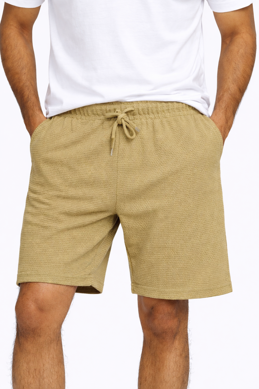 Men’s Green Textured Casual Shorts – Elastic Waist Drawstring | Summer Comfort Fit Shorts