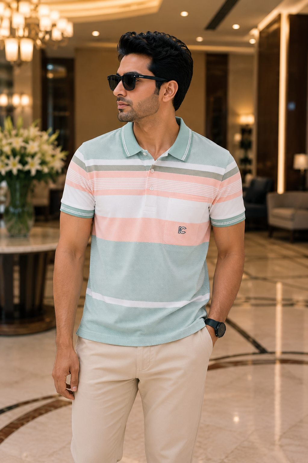 Men's Green & Pink Striped Polo T-Shirt with Chest Pocket