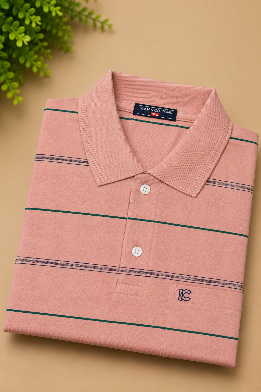 Men's Light Pink Striped Polo T-Shirt with Chest Pocket