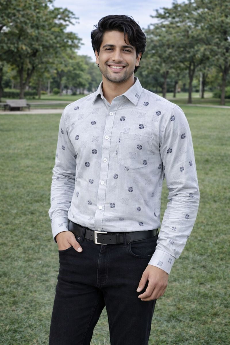 Men’s Blue Full Sleeve Printed Shirt with Pocket