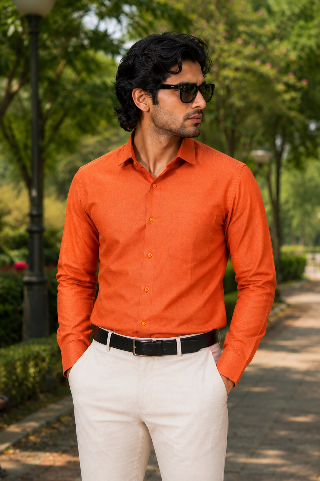 Men's Orange Solid Full Sleeve Cotton Shirt