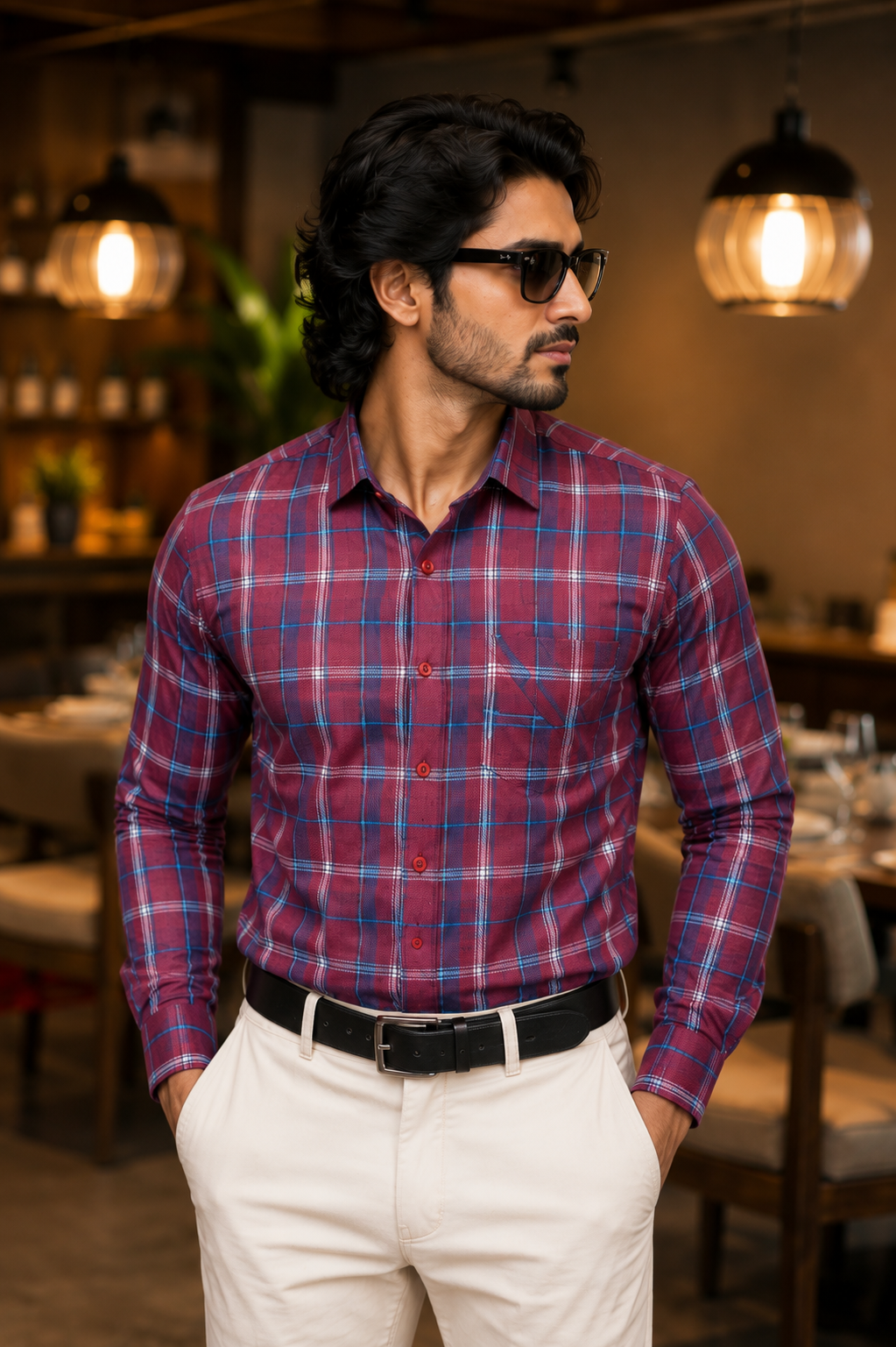 Men's Maroon Checked Cotton Casual Shirt