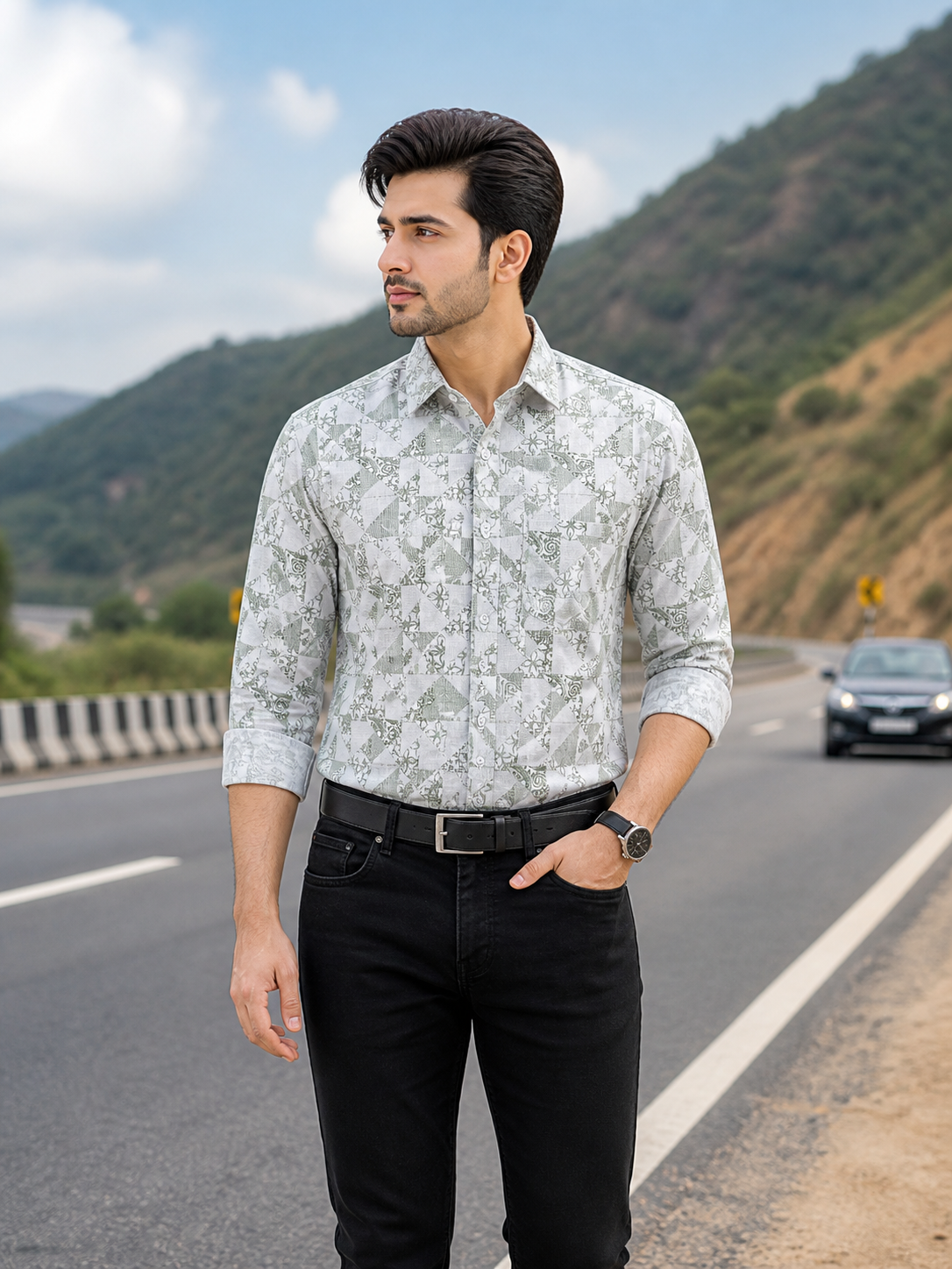 Men’s White & Green Premium Full Sleeve Printed Shirt