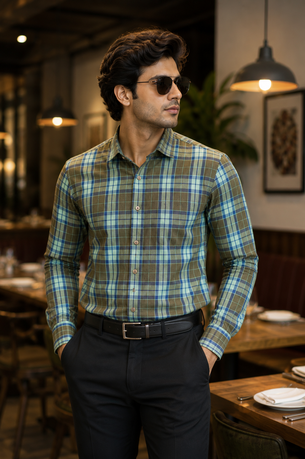 Men's Green & Blue Checked Full Sleeve Casual Cotton Shirt