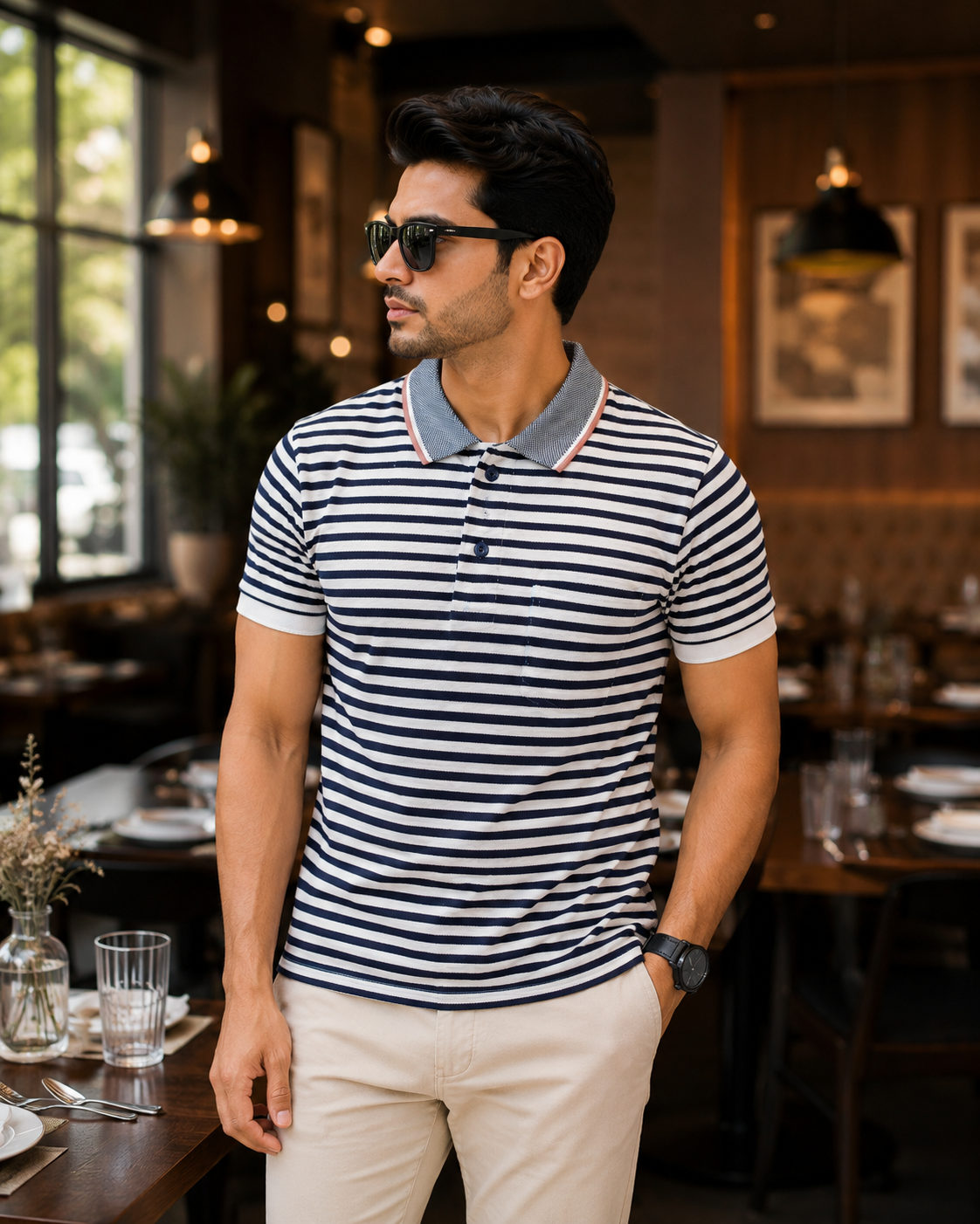Men's Black & White Striped Polo T-Shirt with Chest Pocket