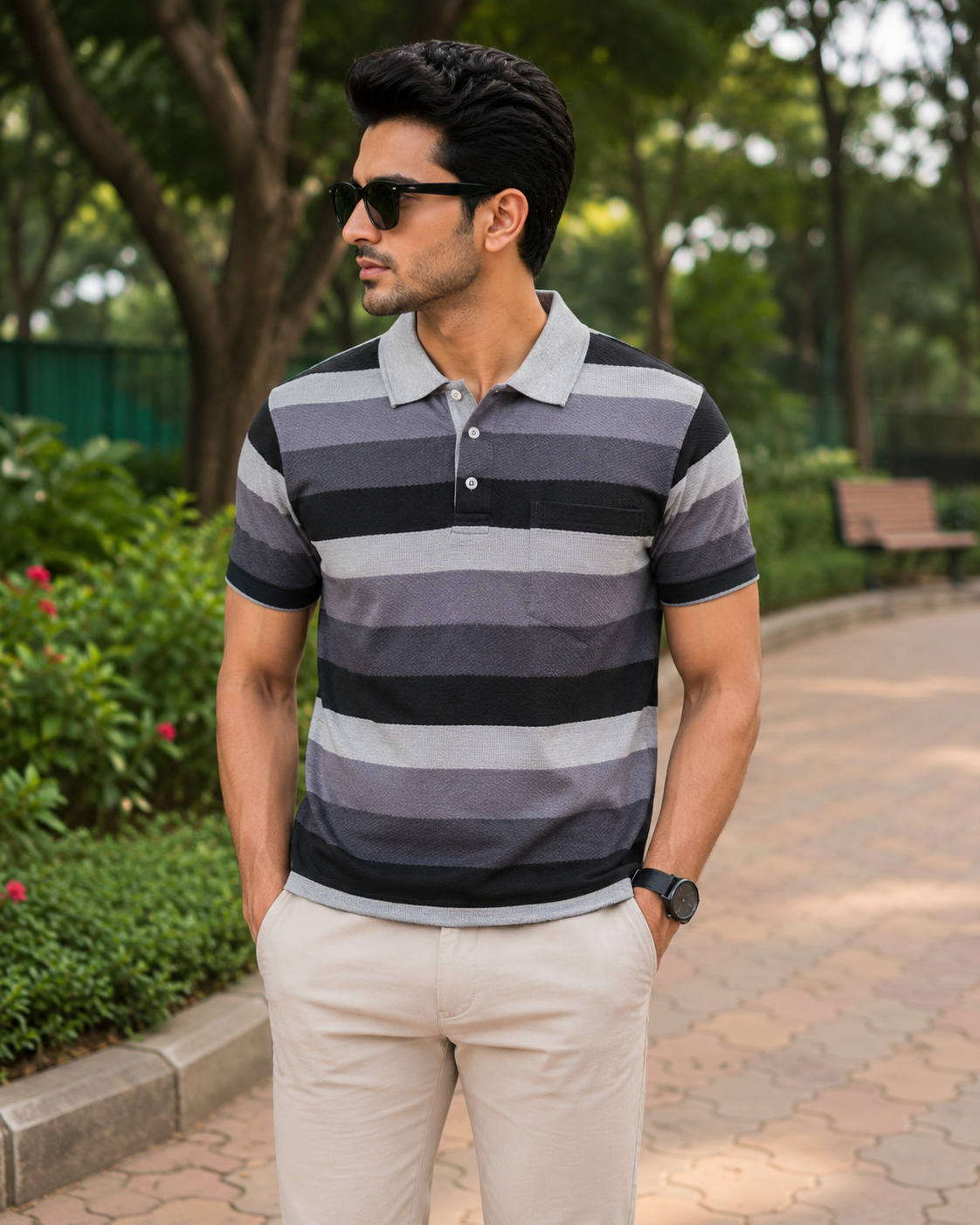 Men's Grey & Black Striped Polo T-Shirt with Chest Pocket