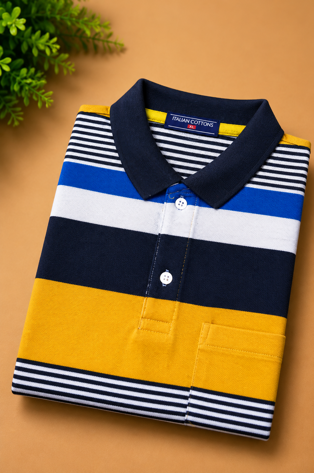 Men's Yellow Black White Striped Polo T-Shirt with Chest Pocket